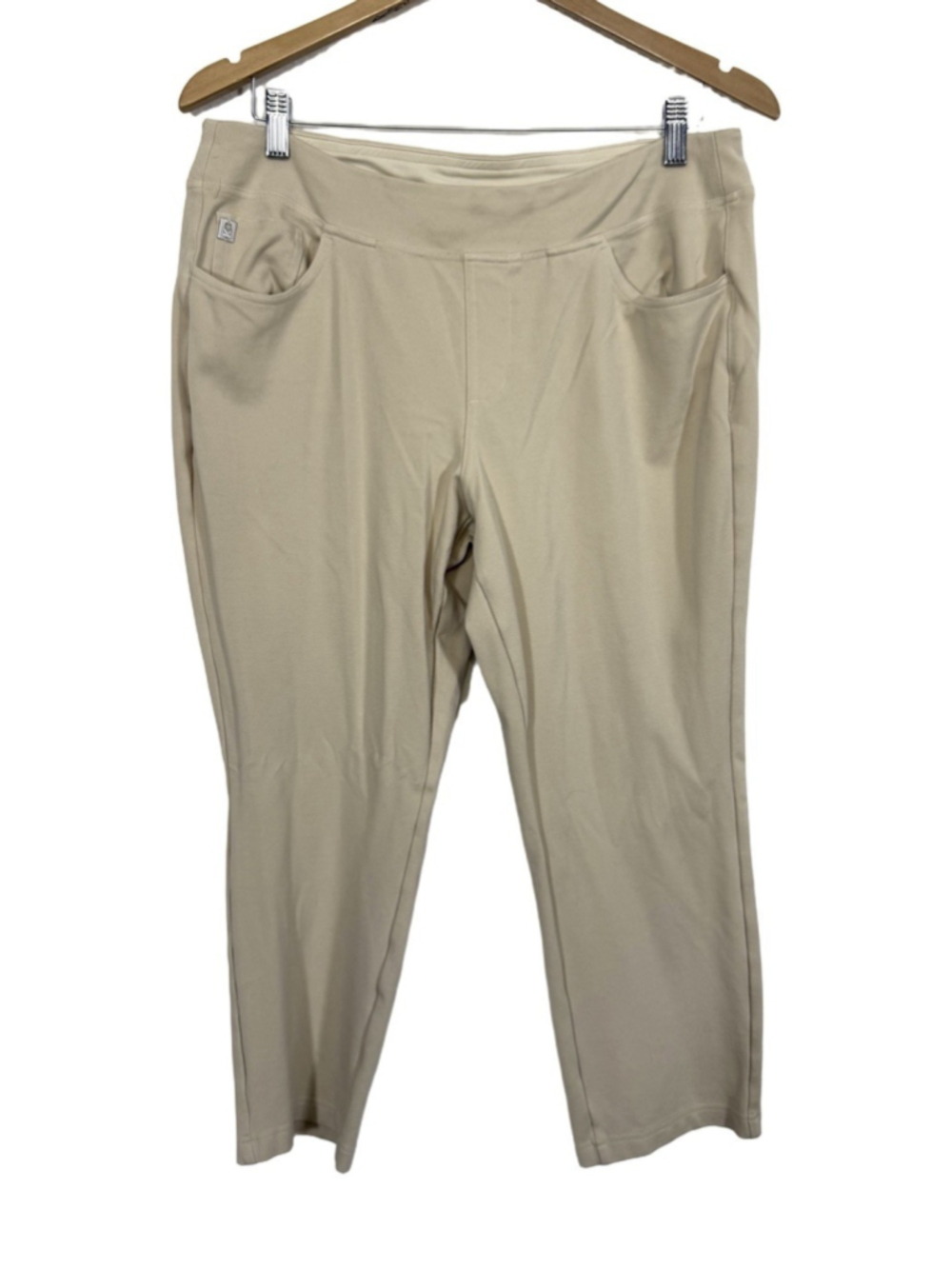 Belle by Kim Gravel Ponte Ankle Pants Sz 12 Beige Tan Pull On Stretch Cropped